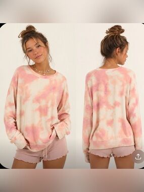 All Worthy Y2K Barbiecore Girl Pink & Cream Tie-Dye Baggy Loose Sweatshirt Small